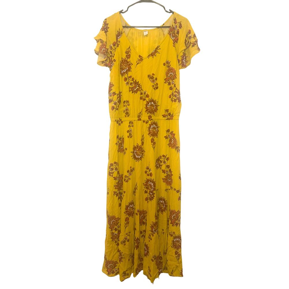 Old Navy Floral Tiered Maxi Dress Large Mustard Yellow Cottagecore Boho